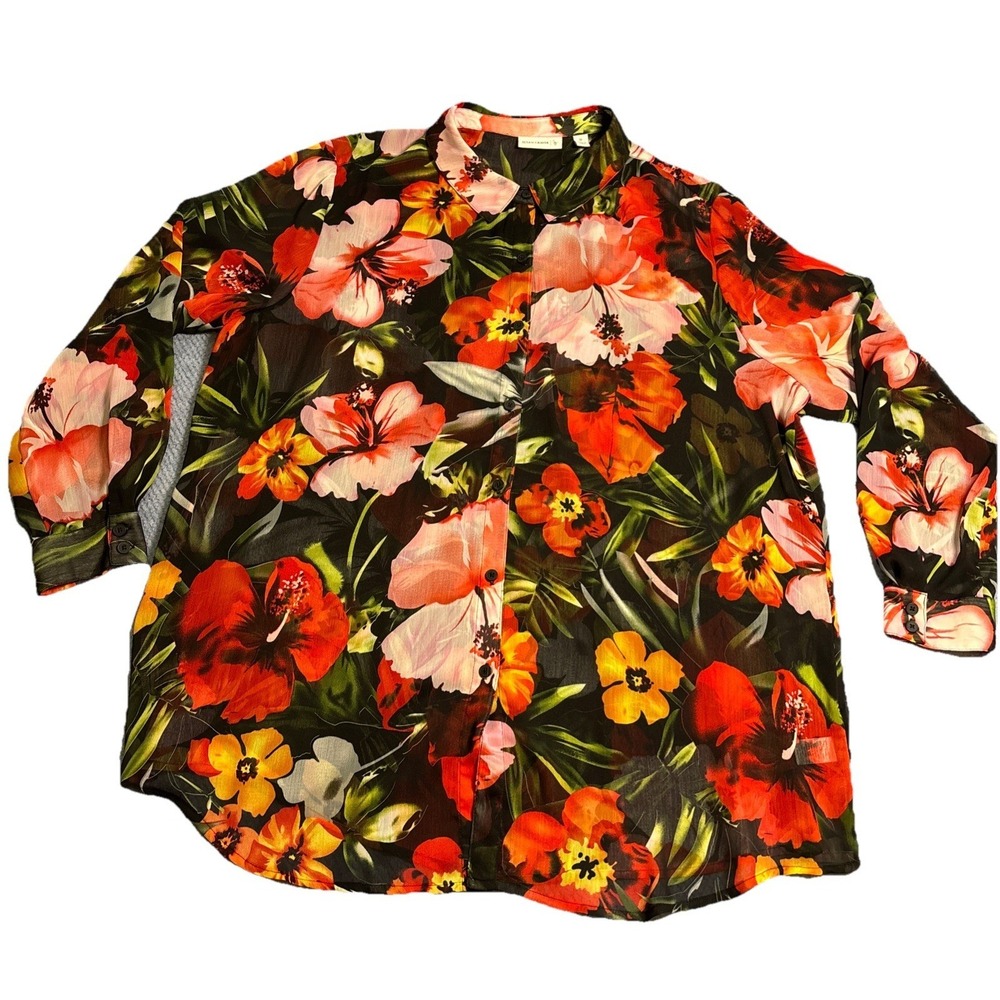 Susan Graver Button Down Shirt Women's Black Floral Excellent Tropical Sheer 1X
